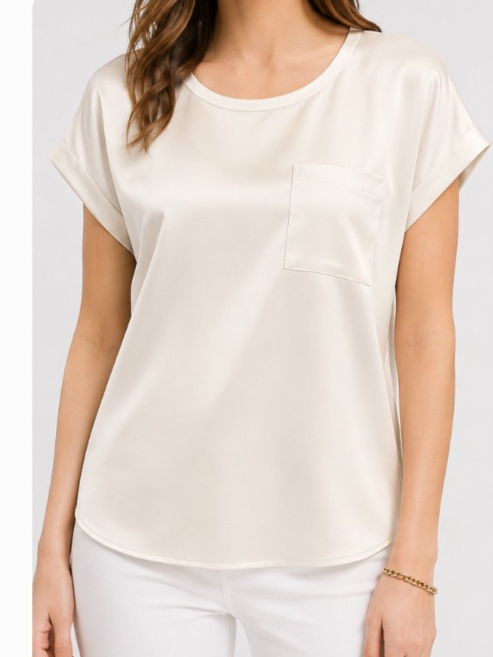 LOFT Satin Pocket Tee Blouse – Ivory‎ Satin - Size L - NWT